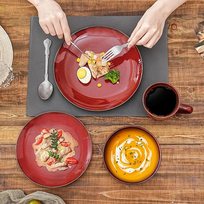 Vicrays 12-Piece Ceramic Dinnerware Set Dinner Plates Salad Plates &amp Cereal Bowls Dish Set for 4 Microwave Oven &amp Dishwasher Safe Scratch Resistant Cherry Red