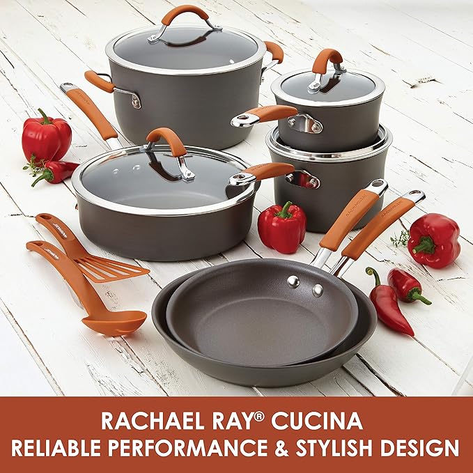 Rachael Ray Cucina Dishwasher Safe Hard Anodized Nonstick Cookware Pots and Pans Set 12 Piece Gray with Orange Handles &amp Cucina Nonstick Bakeware Set 10 Piece Latte Brown with Cranberry Red Gr