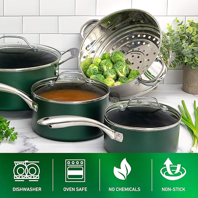 Granitestone Diamond Granite Stone Classic Emerald Pots and Pans Set with Ultra Nonstick Durable Mineral &amp Diamond Tripple Coated Surface Stainless Steel Stay Cool Handles 10 Piece Cookware Gre
