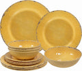 12-Piece Rustic Melamine Dinnerware Set With Dinner Plate Salad Plate And Large Capacity All Purpose BowlsService for 4 Indoor And Outdoor Use Yellow