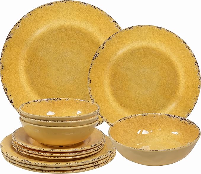 12-Piece Rustic Melamine Dinnerware Set With Dinner Plate Salad Plate And Large Capacity All Purpose BowlsService for 4 Indoor And Outdoor Use Yellow