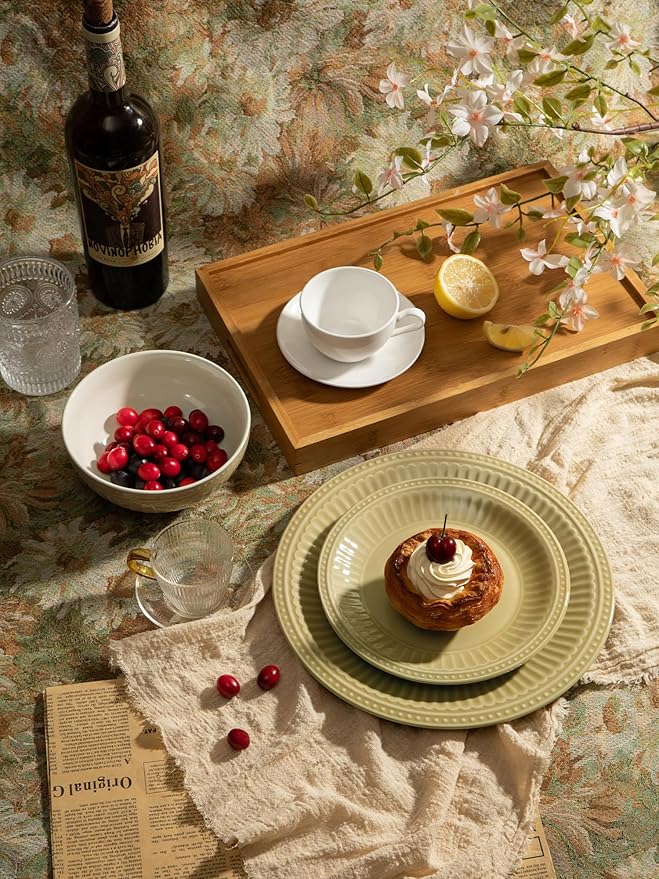 Famiware Garden Plates and Bowls Set for 6 18-Piece Kitchen Dishes Dinnerware Set - Microwave and Dishwasher Safe Scratch Resistant Reactive Glaze and Embossed Stoneware Tableware Yellow