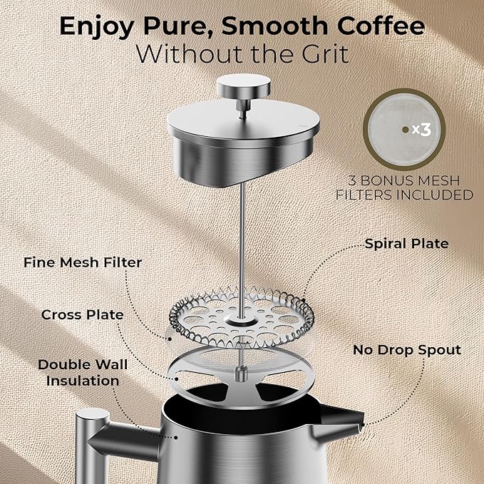 French Press Coffee Maker Stainless Steel French Press 34 Oz / 1L Large Insulated Double Wall Coffee Maker with 3 Extra Mesh Filters Satin Finish Silver