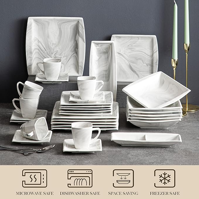 MALACASA Dinnerware Sets 32 Pieces Porcelain Plates and Bowls Sets for 6 Marble Grey Dishes with Plates and Bowls Cups and Saucers Side Dish Plates Square Dinner Set Series Blance