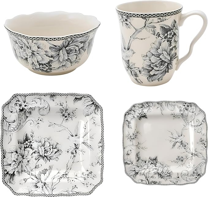 222 Fifth Adelaide 16-Piece Square Floral Dinnerware Set – Service for 4 Grey &amp White Porcelain Plates &amp Bowls for Everyday Dining &amp Entertainment Microwave &amp Dishwasher Safe Chip