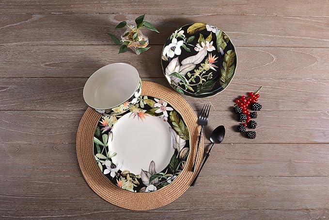 222 Fifth 12-Piece Porcelain Dinnerware Set for 4 Black &amp White Plates and Bowls Set with Tropical Floral Design Glossy Ceramic Dish Set Kitchen Tableware Microwave &amp Dishwasher Safe Born