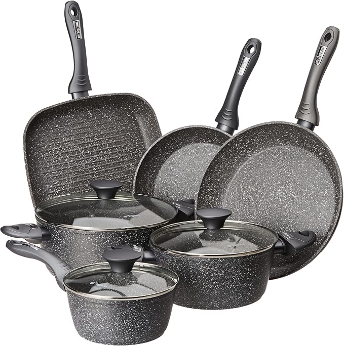 Tognana Mythos Cookware and Pan Set with 3 Saucepans 2 Pans 1 Grill 3 Lids 9 Pieces Aluminium Grey
