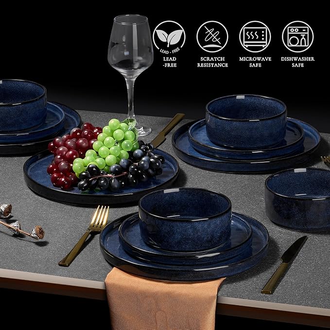 Vesteel Dinnerware Sets 12-Piece Stoneware Plates and Bowls Set Dishes Set for 4 Elegant Ceramic Dinnerware for Home Restaurant - Ocean Blue