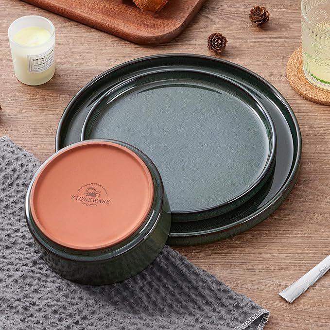 LIANYU Plates and Bowls Sets for 4 12 Piece Stoneware Dinnerware Dishes Set Ceramic Dinner Dishware for Pasta Dessert Cereal Rustic Terracotta Bottom Chip Resistant &amp Dishwasher Safe Hunter G