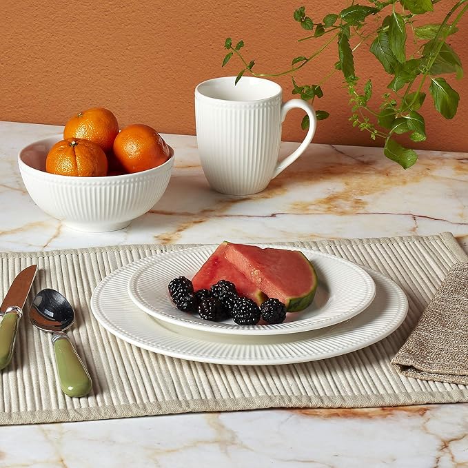 Tabletops Gallery Embossed Bone White Porcelain Round Dinnerware Collection- Chip Resistant Scratch Resistant Fleur 16 Piece Dinnerware Set (Dinner Plate Salad Plate Cereal Bowl Mug)