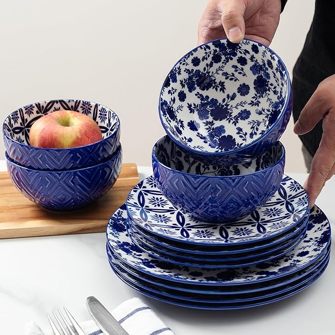 LEHAHA 12 Pieces Modern Porcelain Dinnerware SetService for 4 Ceramic Plates and Bowls Sets Kitchen Dinner Salad Dessert Plate and Cereal Bowl Set Ceramics Dishes Set Blue and White