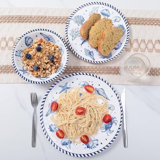 LEHAHA 12-Piece Coastal Melamine Dinnerware Set Service for 4 Unbreakable &amp Lightweight Round Plates and Bowls Set Outdoor Dish Set for Patio Camper RV Indoor Outdoor Use with Ocean Printed