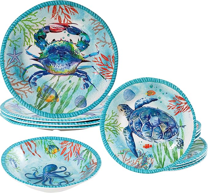 Coastal Dinnerware Sets Ocean Theme Unbreakable Kitchen Plates and Bowls Set Coastal Dishes Lightweight Dinnerware Set RV and Camping dishes set for 4 Dishwasher Safe