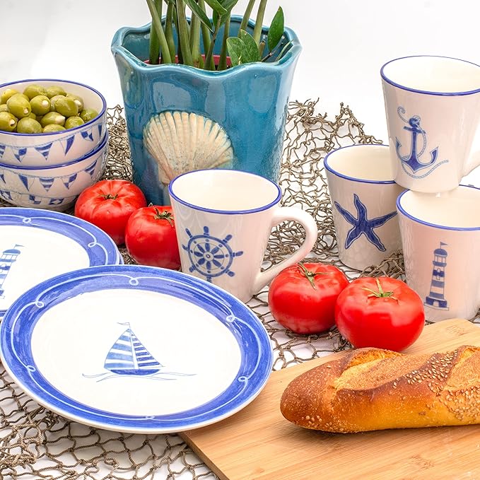 Euro Ceramica Ahoy Collection Nautical 12 Piece Dessert Set | Service for 4 | Assorted Designs Blue &amp WhiteStandardAHO-86001