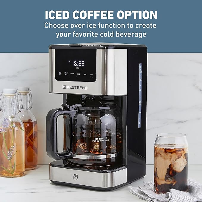 West Bend Drip Coffee Maker Brews Hot or Iced Programmable with Brew Strength Selector Auto Shut-Off and 6 Functions Permanent Mesh Filter and Glass Carafe 12-Cup Metallic