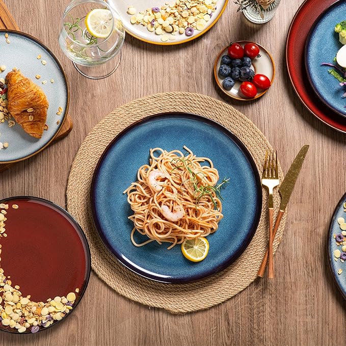 Ceramic Dinnerware Sets of 6Poreclain Plates and Bowls SetsHandmade Reactive Glaze Dishes SetChip Resistant and Scratch Resistant | Oven&ampDishwasher &amp Microwave Safe)-Colorflu(124PCS)
