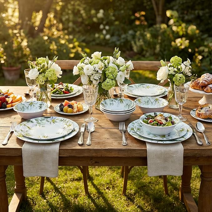 12-Piece Melamine Dinnerware Set - Shatterproof Plates and Bowls Sets for Everyday DiningElegant Lily Pattern Dish Set Outdoor Picnics and RV Camping Green &amp White