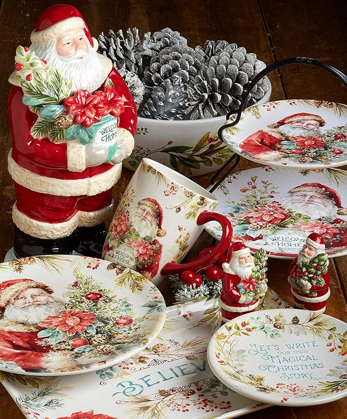 Christmas Story 16pc Dinnerware Set – Service for 4 with Santa Plates Bowls &amp Mugs – Vintage Holiday Ceramic Set Featuring Festive Art Red Accents &amp Seasonal Charm