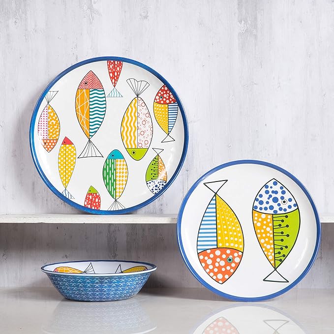 Melamine Dinnerware set for 4 Plates and Bowls Sets Great for Camper RV Indoors Outdoors Use with Ocean Printed Unbreakable