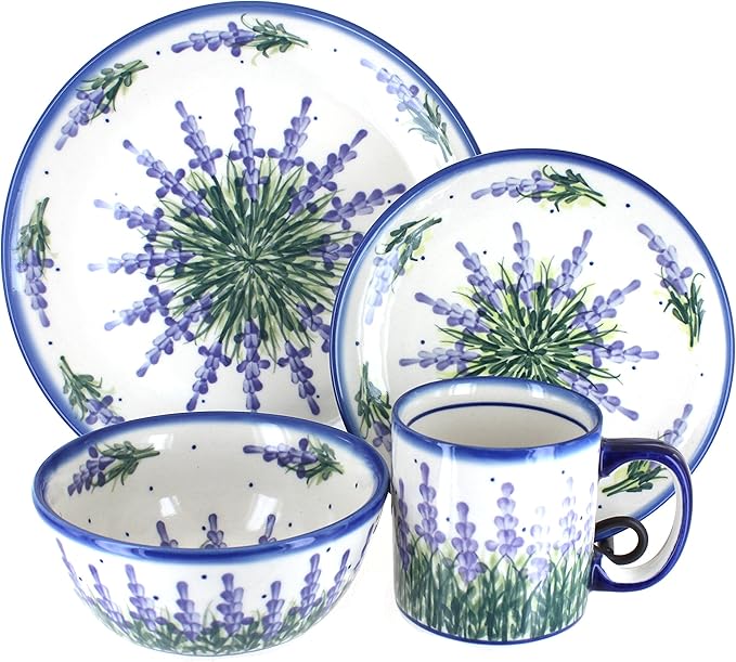 Blue Rose Polish Pottery - Purple Lavender Fields 16 Piece Dinner Set - 4 Place Settings - Great for Everyday Dining Casual Dining or as Formal Dinnerware