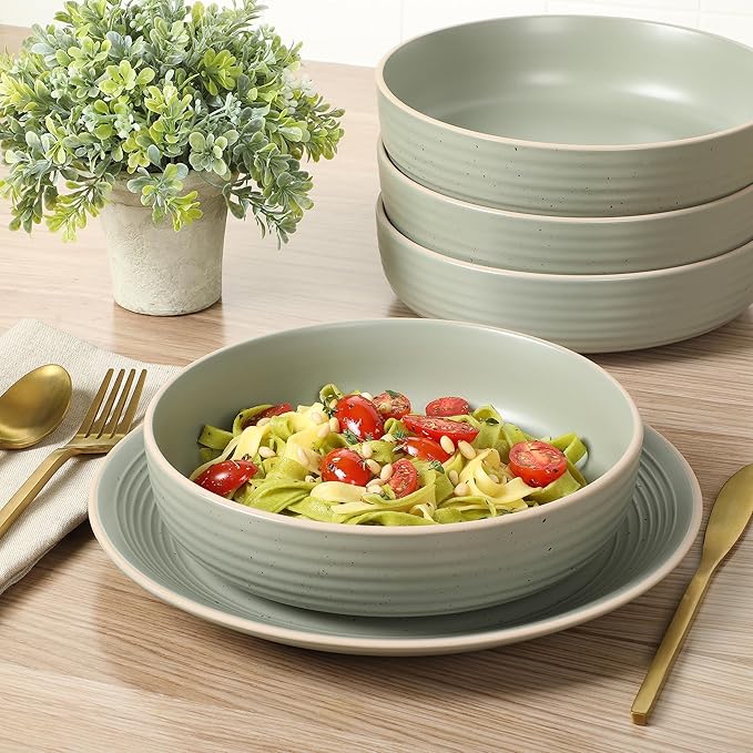 Gibson Home Dinah Double Bowl Stoneware Embossed Speckled Dinnerware Set - Sage Green Service for Four (16pcs)