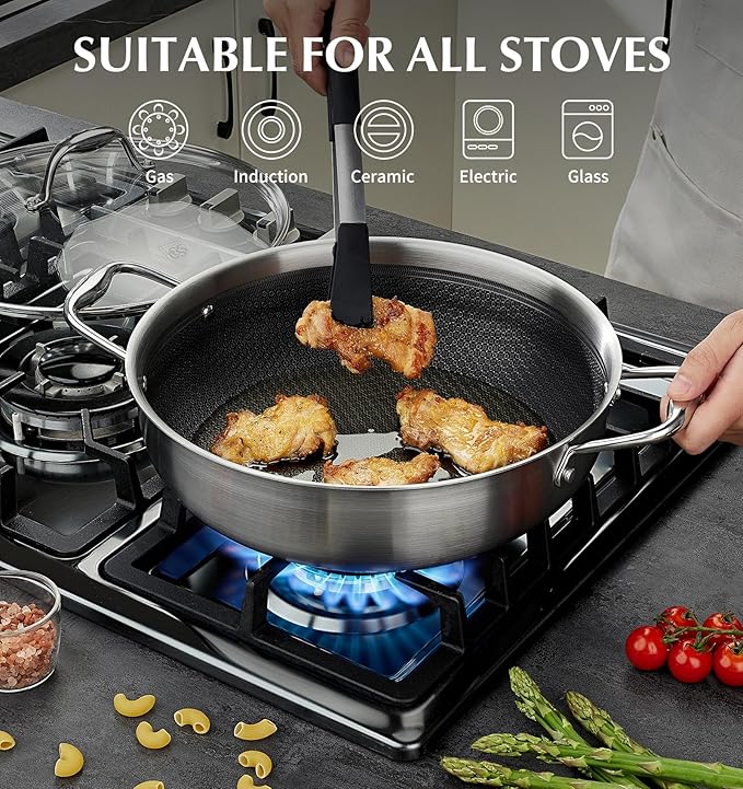 KOCH SYSTEME CS Triply Stainless Steel Cookware Set 10 Piece &amp Saute Pan 12 Inch Kitchen Cookware Set with Honeycomb Interior 18/10 Steel Induction Compatible