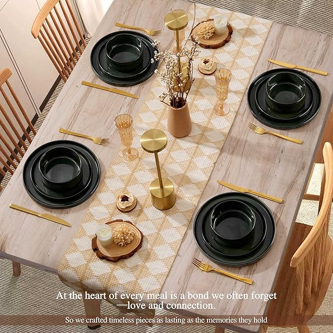 Vesteel 12-Piece Dinnerware Set Ceramic Tableware Reactive Glaze Plates and Bowls Sets Healthy Yixing Purple Clay Dishes Set Dishwasher &amp Microwave Safe - Blackish Green