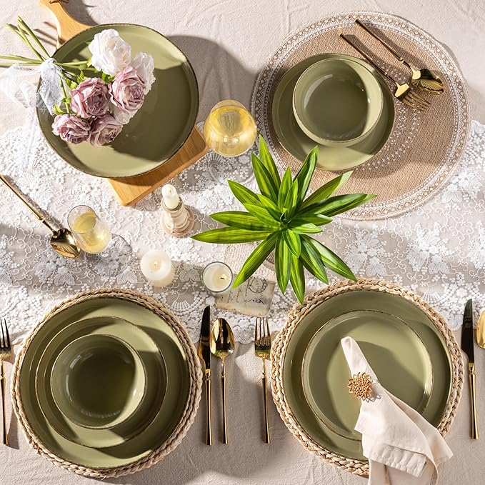 AmorArc Ceramic Dinnerware Sets for 4 12 Pieces Handpainted Plates and Bowls Set with Rustic Terracotta Underside Scratch Resistant Stoneware Dishes Set Dishwasher &amp Microwave Safe Olive Green