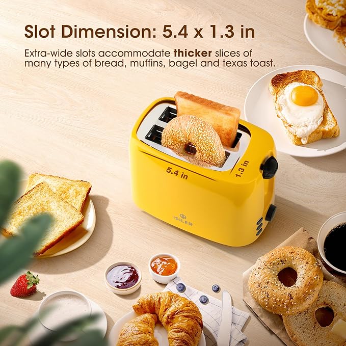 iSiLER 2 Slice Toaster 1.3 Inches Wide Slot for Bagels and Special Breads 7 Browning Settings and Double Side Baking Removable Crumb Tray Defrost Reheat Cancel Function Yellow