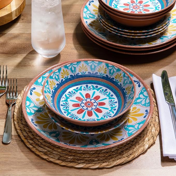 Larder &amp Vine 12-Piece Melamine Dinnerware Set: Durable Lightweight Break-Resistant Plates &amp Bowls – Stylish Non-Toxic Dishwasher Safe – Ideal for Everyday Use Indoor &amp Outdoor Dining