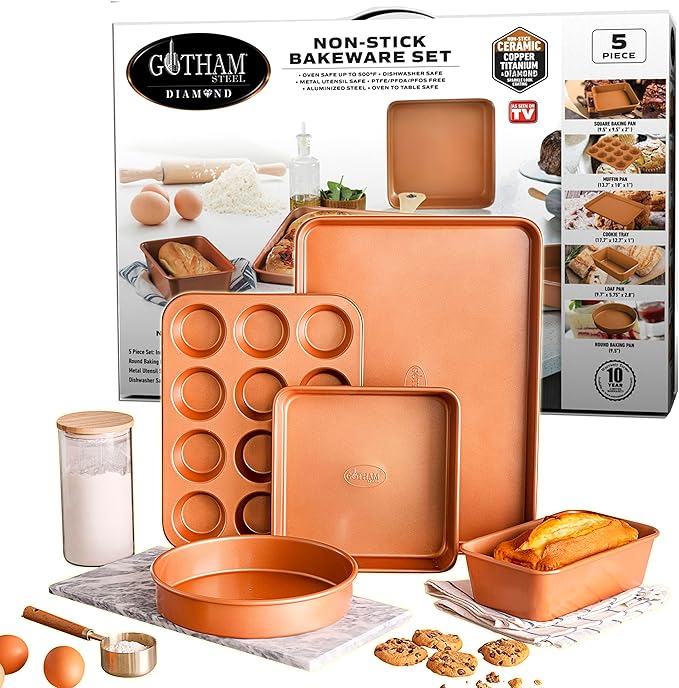 Gotham Steel Pots and Pans Set 12 Piece Cookware Set &amp Non Stick Ceramic Bakeware Set 5 Piece No Warp &amp Dishwasher Safe Baking Set Baking Pans Set