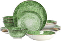 Elama Oceanus 16 Piece Round Shape Porcelain Double Bowl Dinnerware Set Tableware Set Table Setting- Service for 4 (Green)