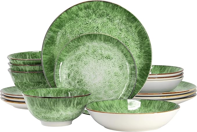 Elama Oceanus 16 Piece Round Shape Porcelain Double Bowl Dinnerware Set Tableware Set Table Setting- Service for 4 (Green)