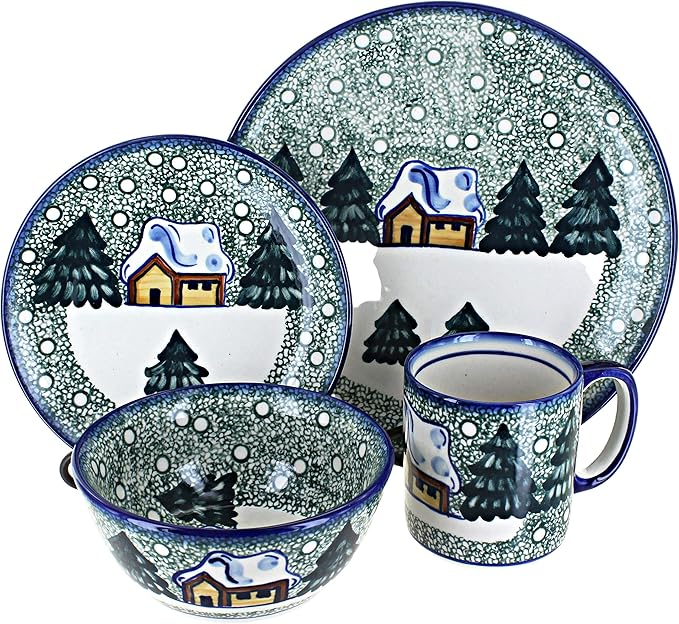 Blue Rose Polish Pottery - Winter Forest 4 PC Place Setting - Service for 1 - Green - 1 Place Setting - Ceramic Dinnerware Set Unique Christmas Gift &amp Festive Tableware