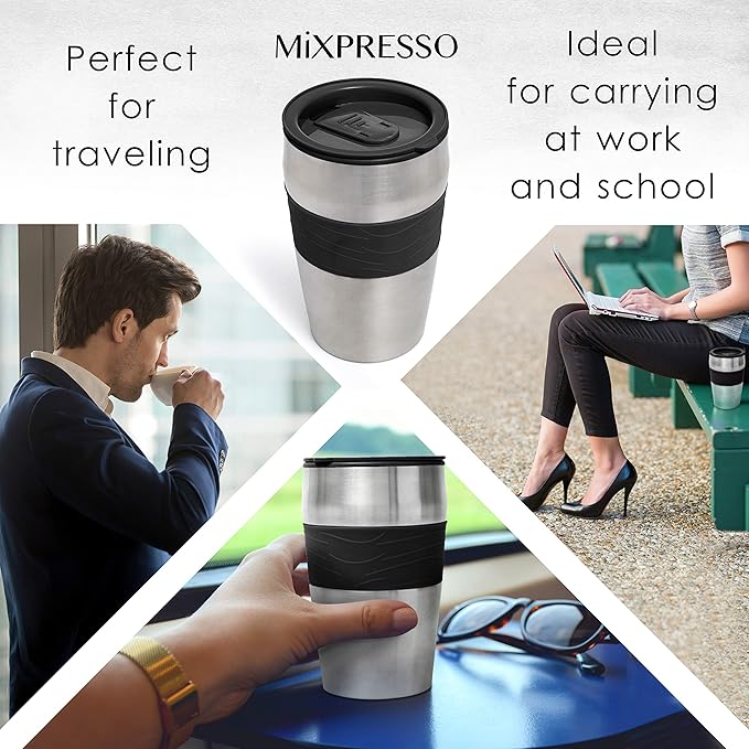 Mixpresso Personal Single Serve Coffee Maker &amp 14oz Travel Mug Drip Small Coffee Maker &amp Tumbler Auto Shut Off &amp Reusable Filter Compatible with Coffee Grounds