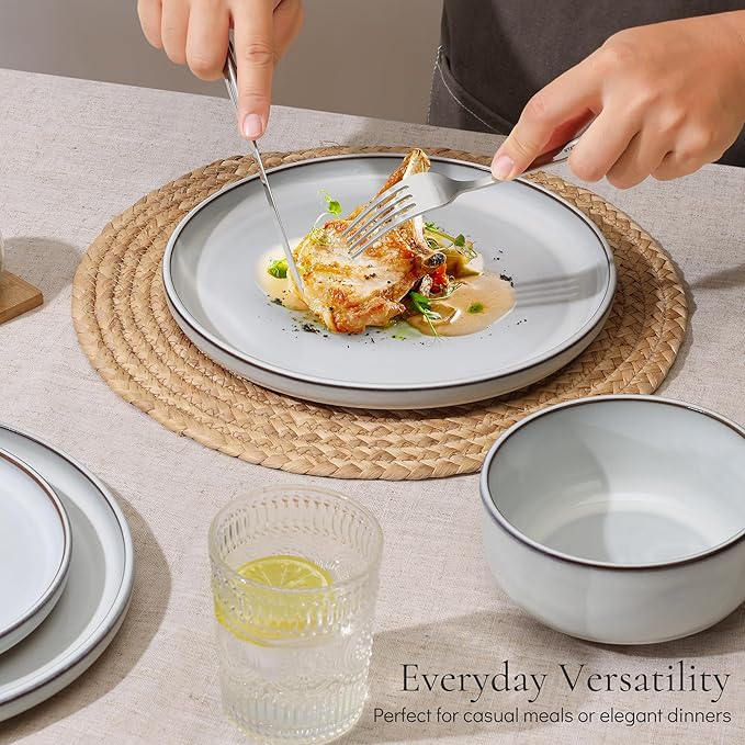 E-far Stoneware Dinnerware Sets for 6 18 Pieces Reactive Glaze Plates and Bowls Sets Elegant Dishes with Rustic Terracotta Clay Base Dishwasher &amp Microwave Safe Scratch Resistant Glacier Whit