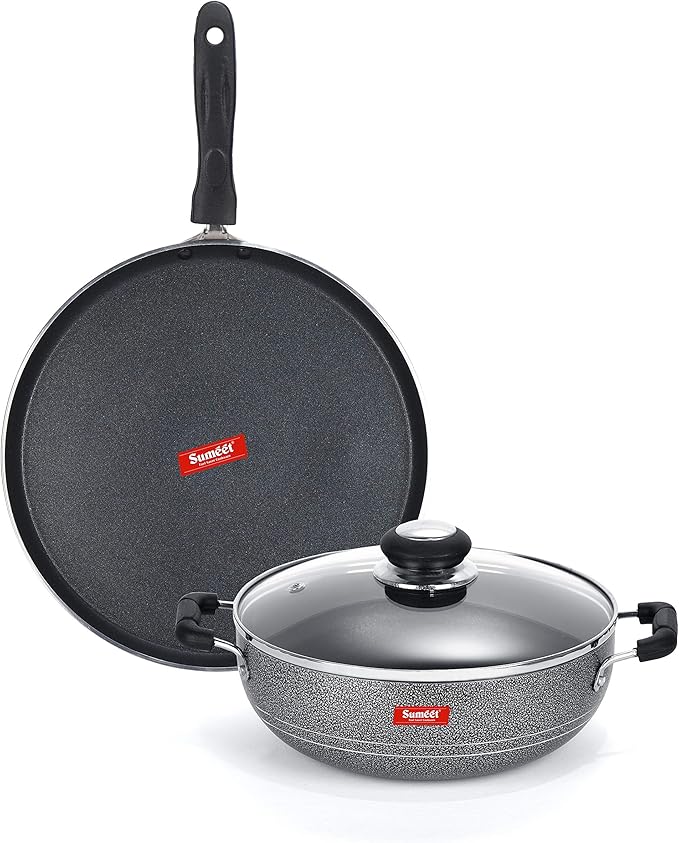 SUMEET Aluminium NonStick Zilarra Cookware Set (Dosa Tawa 26.5Cm Kadhai with Glass Lid 2 L 22Cm Dia Silver)