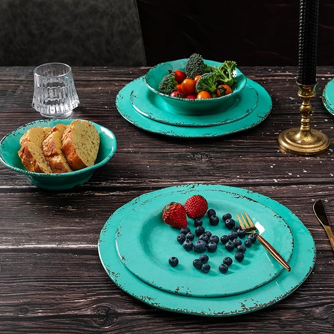 18-Piece Farmhouse Melamine Dinnerware Set - Shatterproof Lightweight and Durable Outdoor Dining Plates Bowls and Serving Dishes for Everyday Use Camping and Picnics Light Green