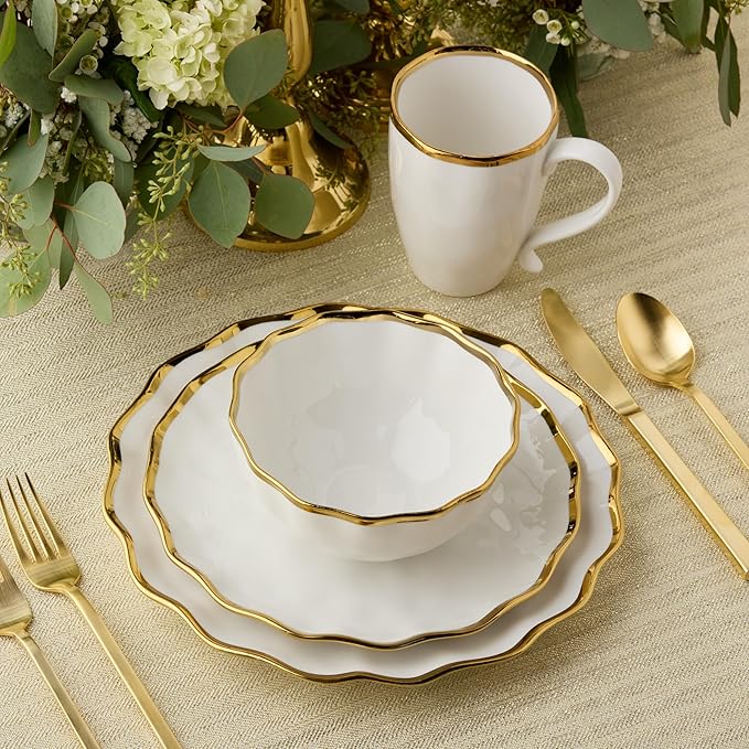 Regency Gold 16-Piece Dinnerware Set – Elegant Gold Rimmed Porcelain Plates Bowls &amp Mugs – Service for 4 – Sophisticated Dining Set for Everyday Meals Holiday Gatherings &amp Wedding Gifts