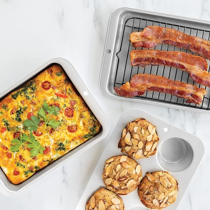 Nordic Ware Naturals 5 Piece Compact Pan Set Toaster Oven Counter Ovens Air Fryer and Broiler Safe Size for 1-2 Portions - Includes Rectangular Pan Muffin Pan Baking Sheet Broiling Rack and Lid