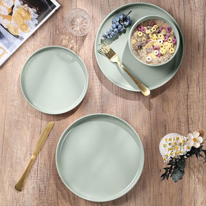HaWare Stoneware Dinnerware Sets 12-Piece Plates and Bowls Set for 4 Dishes Set for Home Restaurant Speckled Asparagus Green