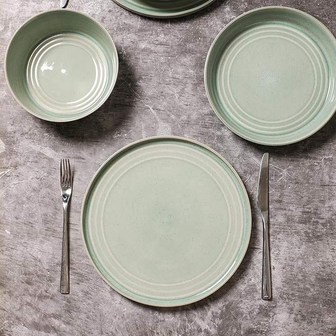 Stone Lain Claire 24-Piece Dinnerware Set Stoneware Plates and Bowls Set Dishwasher and Microwave Safe Dish Set for 8 Green