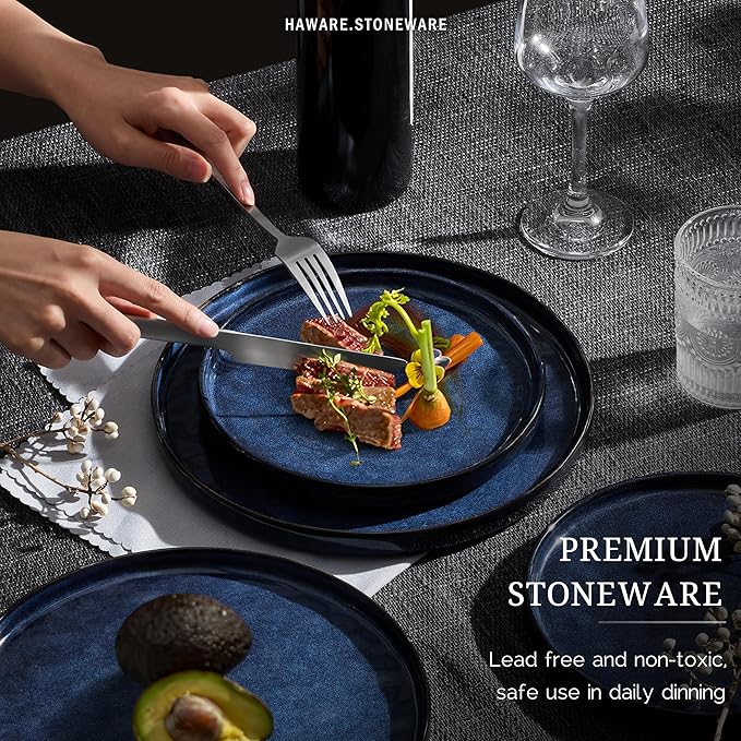HaWare Dinnerware Sets 24-Piece Plates and Bowls Set Stoneware Dish Set for 8 Ceramic Dinnerware for Home Restaurant Chip and Scratch Resistant Microwave and Dishwasher Safe Reactive Starry Blue