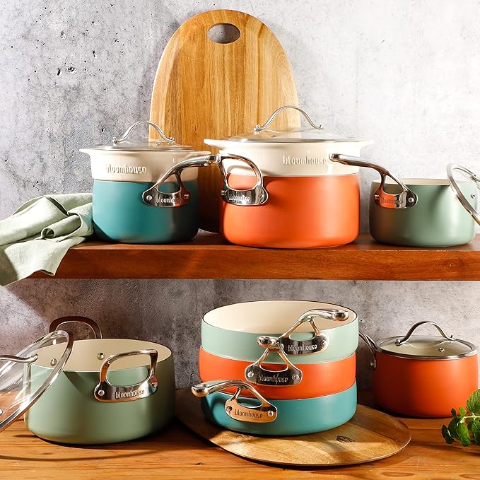 Bloomhouse 12 Piece Aluminum Pots and Pans Cookware Set w/Non-toxic Ceramic Non-stick Ceramic Steamer Insert &amp 12 Protective Care Bags - Sage Green