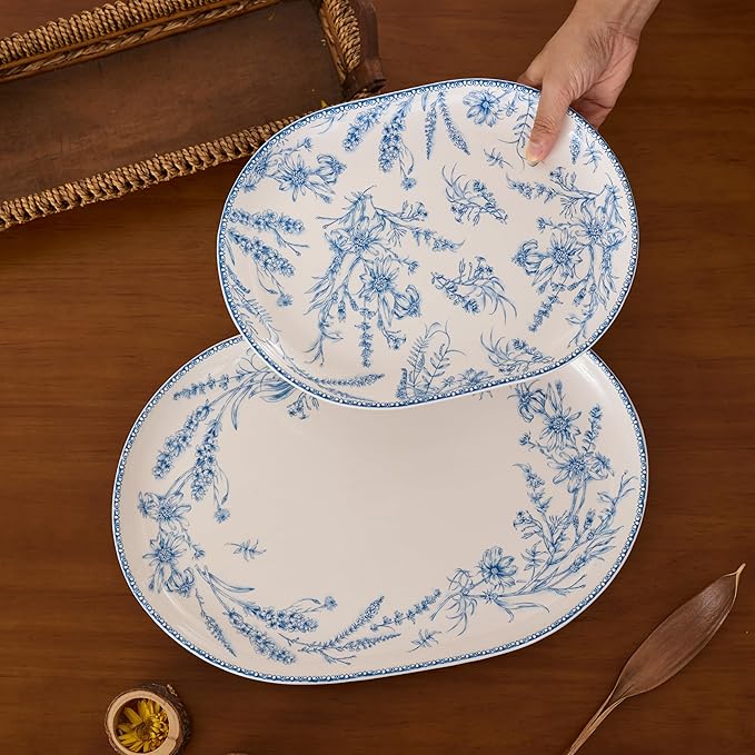 Bico Blue Garden Toile De Jouy 16 plus 12 inch Oval Platters Set Set of 2 Microwave and Dishwasher Safe for Serving Fish Chicken Turkey