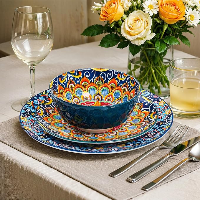 18 Pieces Dinnerware Sets Porcelain Dishes Set for 6 Microwave and Dishwasher Safe Scratch Resistant Bohemian Style Plates and Bowls Set Service for 6