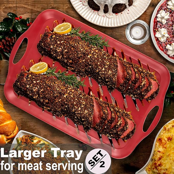 Extra Large Serving Tray with Handles 20x13 inch Set of 2 Melamine Platters for Serving Food Turkey Cookie Rectangular Trays for Eating Raised Dots Matt Finished Dishwasher Safe Red