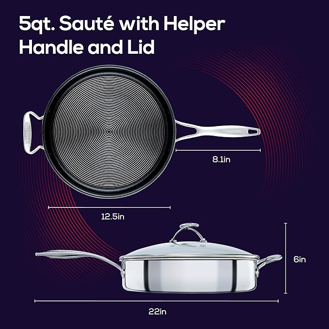 Circulon Clad Stainless Steel Saute Pan with Lid and Hybrid SteelShield and Nonstick Technology 5 Quart - Silver