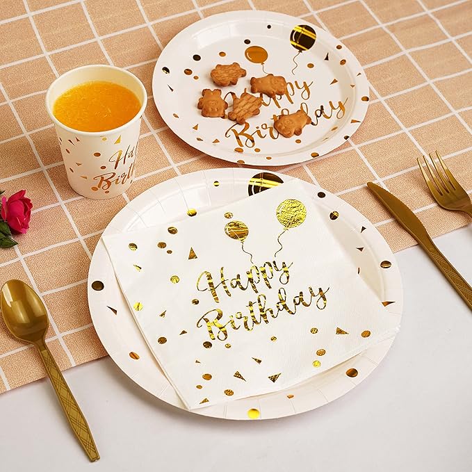 200 pieces of white and gold birthday party supplies disposable happy birthday tableware set gold plastic knives forks spoons straws. Birthday themed tray cup25Guests（white）
