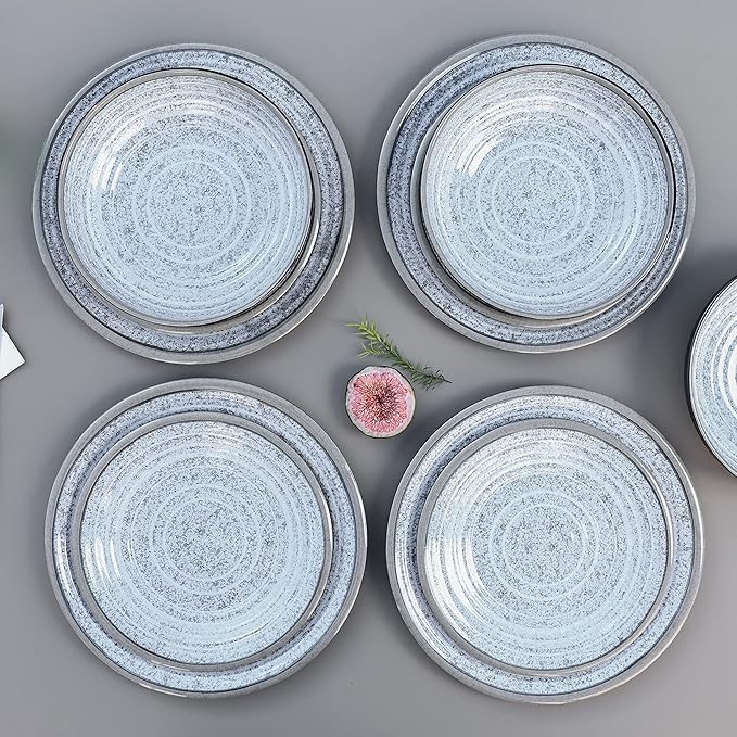 Melamine Dinnerware Sets 12 PCS - Service for 4 Plates &amp Bowls Sets Dishwasher Top-Shelf Safe BPA Free Dinner Dishes Set for Everyday Use-Granite Pattern Black Back